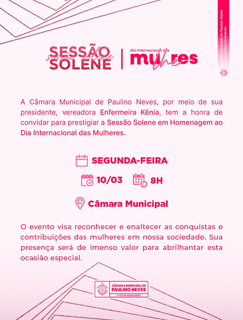 Câmara Municipal de Paulino Neves realizará sessão solene em homenagem ao Dia Internacional das Mulheres